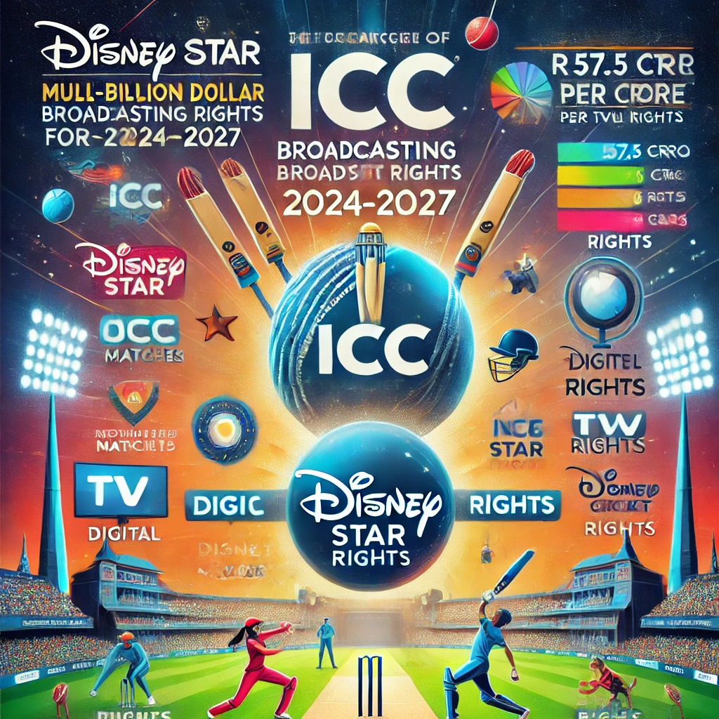 "Infographic showing Disney Star's acquisition of the ICC broadcasting rights for 2024-2027. The image outlines the deal's financial details, including the cost per match, the global expansion of cricket viewership, and the focus on women's cricket development. It emphasizes Disney Star's strategic role as a major partner in the future of cricket broadcasting in India."